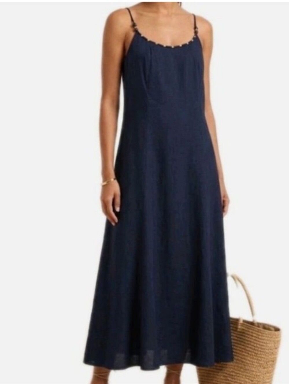 Calypso St. Barth Linen Blend Navy Maxi Dress Gold Strap Detail Size Sz L EUC